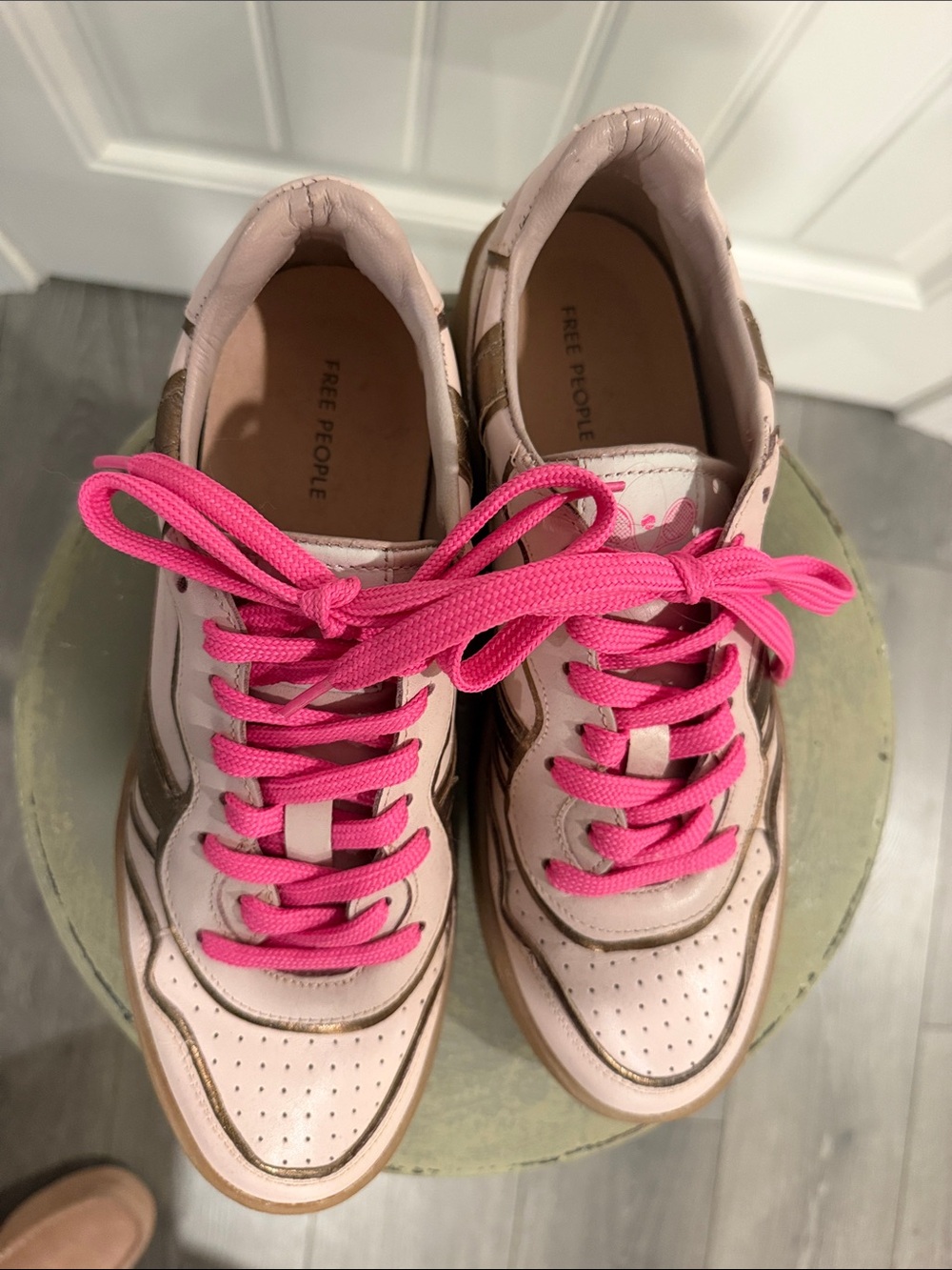 Free People Pale Pink Leather Sneakers with Hot Pink Laces